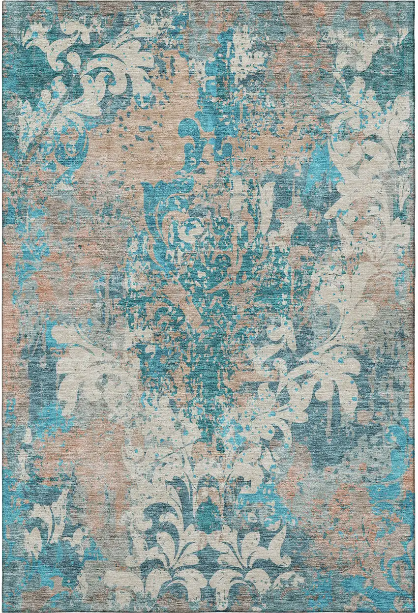 Teal Beige And Taupe Damask Washable Area Rug With UV Protection Photo 2