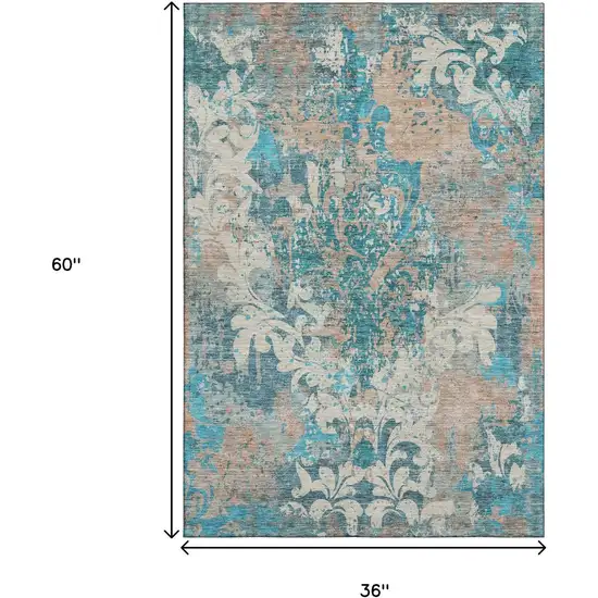 Teal Beige And Taupe Damask Washable Area Rug With UV Protection Photo 9