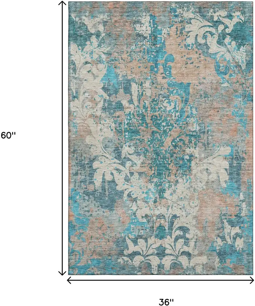 Teal Beige And Taupe Damask Washable Area Rug With UV Protection Photo 9