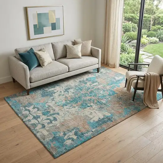 Teal Beige And Taupe Damask Washable Area Rug With UV Protection Photo 1