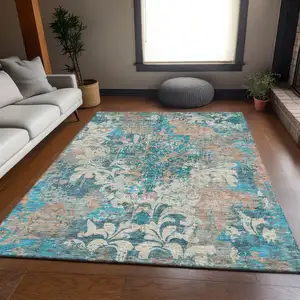 Photo of Teal Beige And Taupe Damask Washable Area Rug With UV Protection