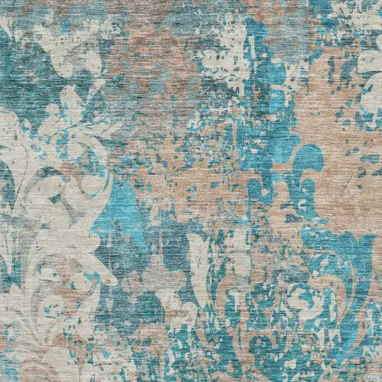 Teal Beige And Taupe Damask Washable Area Rug With UV Protection Photo 3