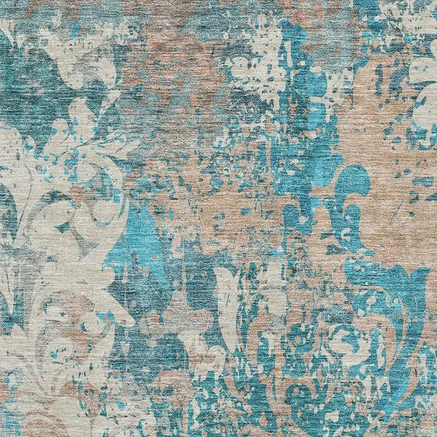 Teal Beige And Taupe Damask Washable Area Rug With UV Protection Photo 3