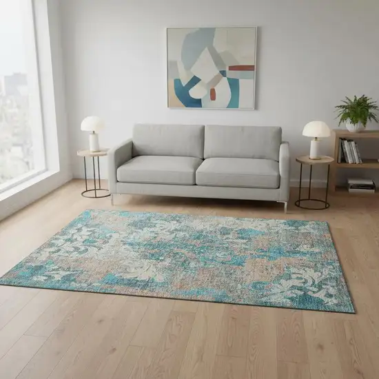 Teal Beige And Taupe Damask Washable Area Rug With UV Protection Photo 2