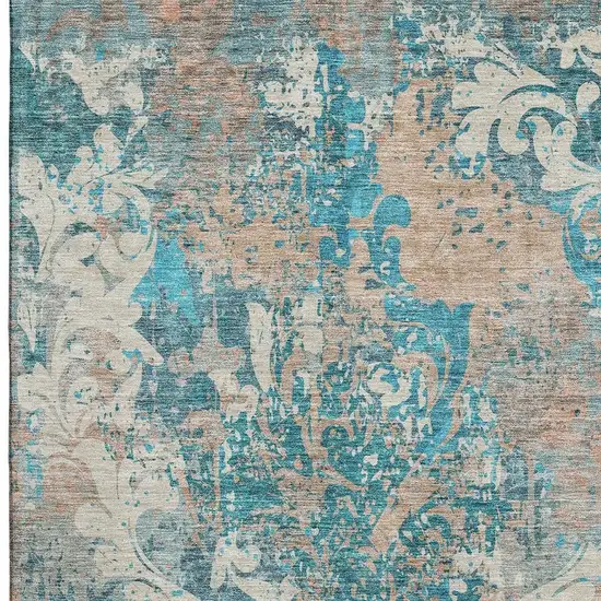 Teal Beige And Taupe Damask Washable Area Rug With UV Protection Photo 3