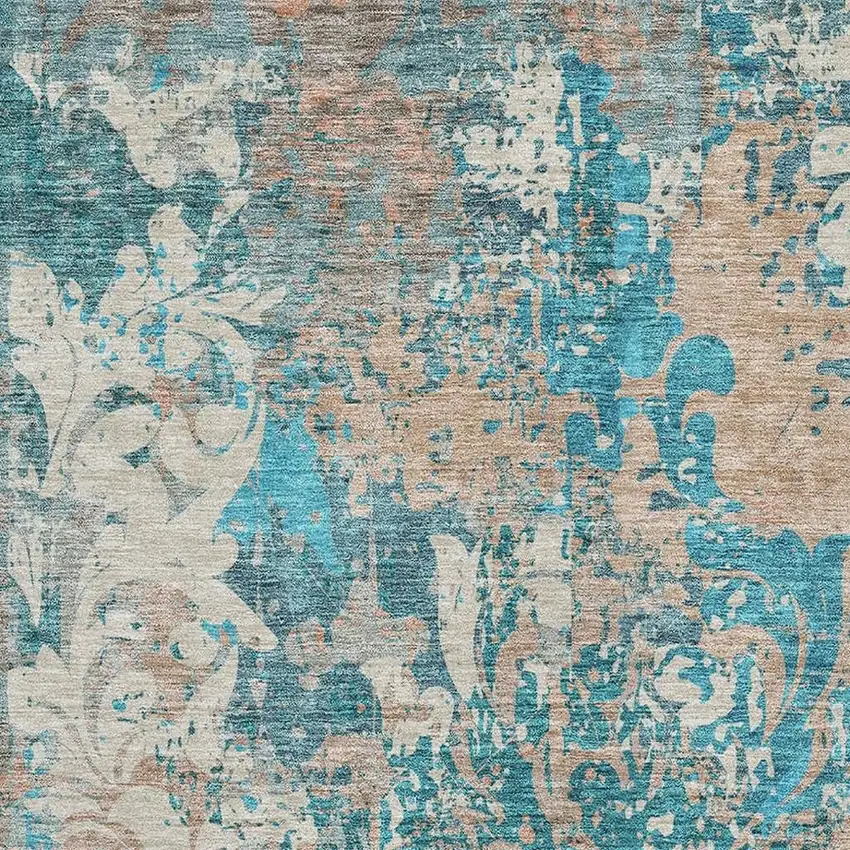 Teal Beige And Taupe Damask Washable Area Rug With UV Protection Photo 2