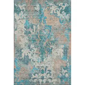 Photo of Teal Beige And Taupe Damask Washable Area Rug With UV Protection