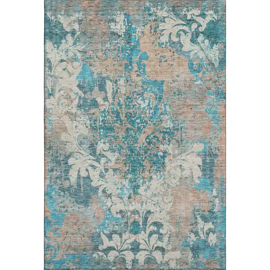 Teal Beige And Taupe Damask Washable Area Rug With UV Protection Photo 1