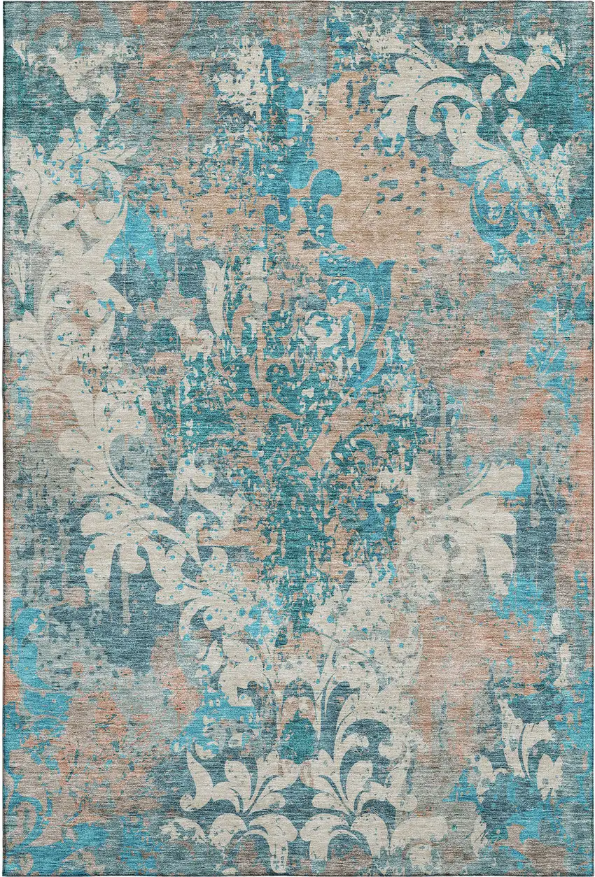 Teal Beige And Taupe Damask Washable Area Rug With UV Protection Photo 1