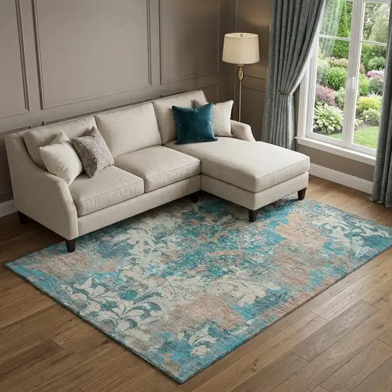 Teal Beige And Taupe Damask Washable Area Rug With UV Protection Photo 1