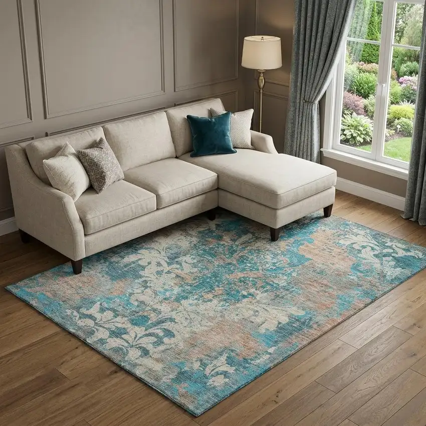Teal Beige And Taupe Damask Washable Area Rug With UV Protection Photo 1