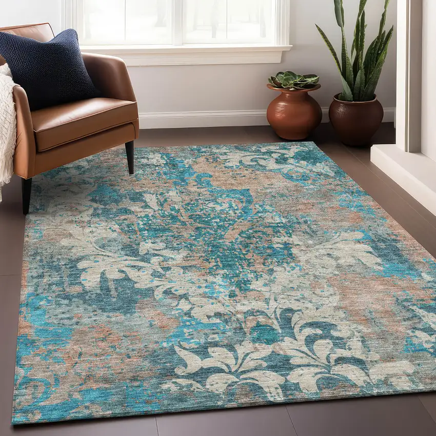 Teal Beige And Taupe Damask Washable Area Rug With UV Protection Photo 4