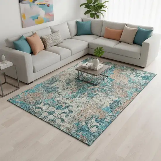 Teal Beige And Taupe Damask Washable Area Rug With UV Protection Photo 2