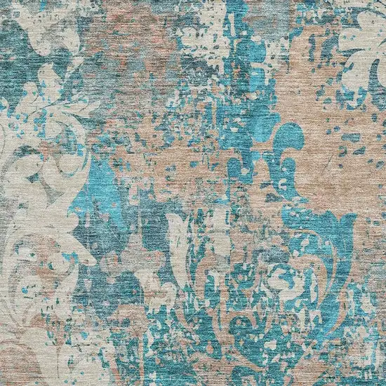 Teal Beige And Taupe Damask Washable Area Rug With UV Protection Photo 2