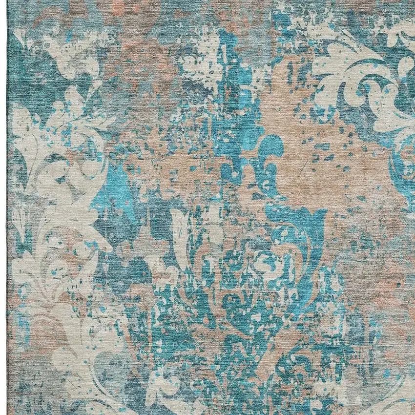 Teal Beige And Taupe Damask Washable Area Rug With UV Protection Photo 3