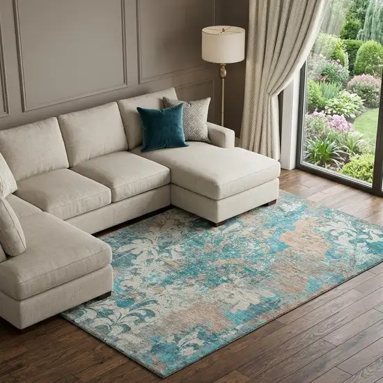 Teal Beige And Taupe Damask Washable Area Rug With UV Protection Photo 1
