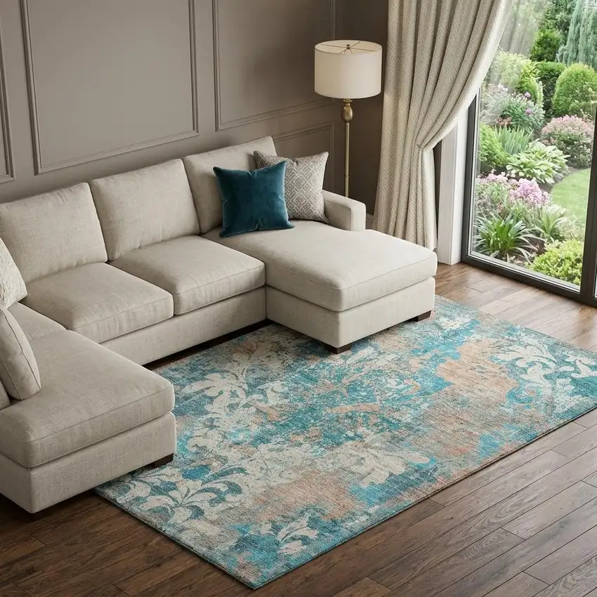 Teal Beige And Taupe Damask Washable Area Rug With UV Protection Photo 1