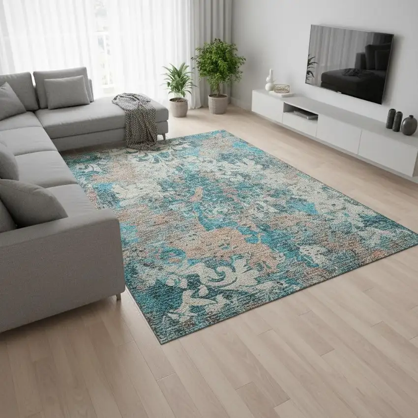 Teal Beige And Taupe Damask Washable Area Rug With UV Protection Photo 2