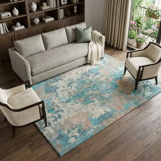 Teal Beige And Taupe Damask Washable Area Rug With UV Protection Photo 1