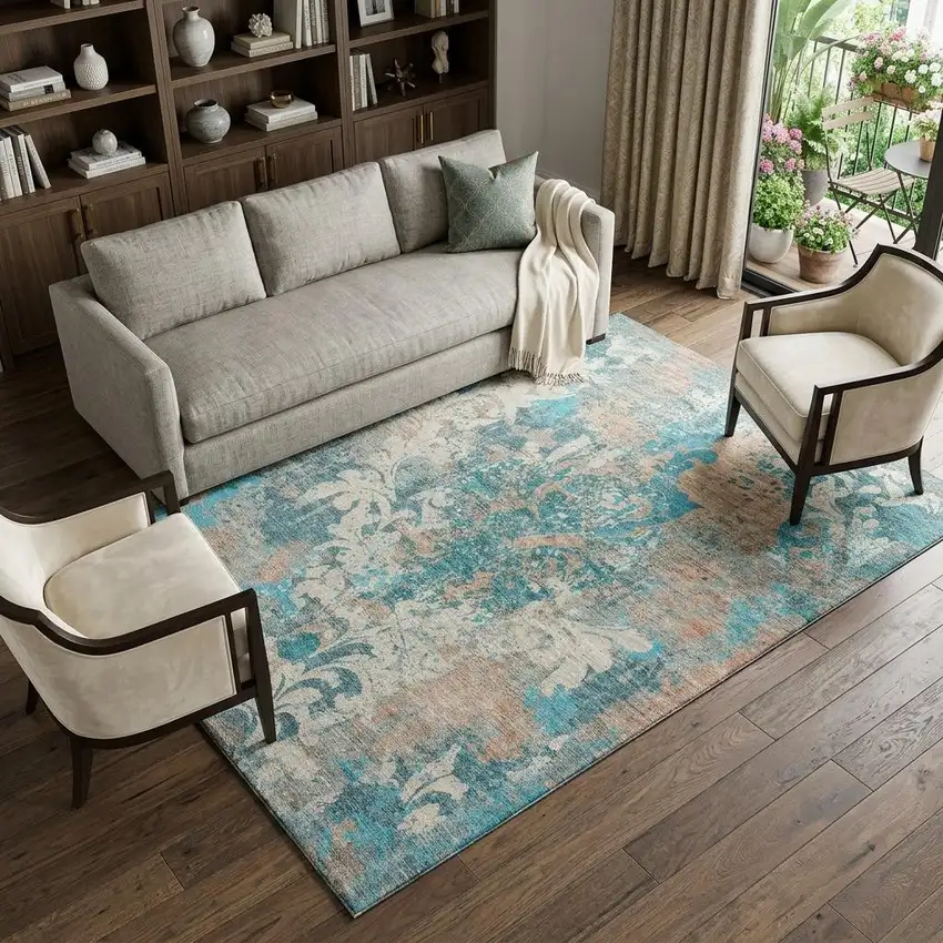 Teal Beige And Taupe Damask Washable Area Rug With UV Protection Photo 1