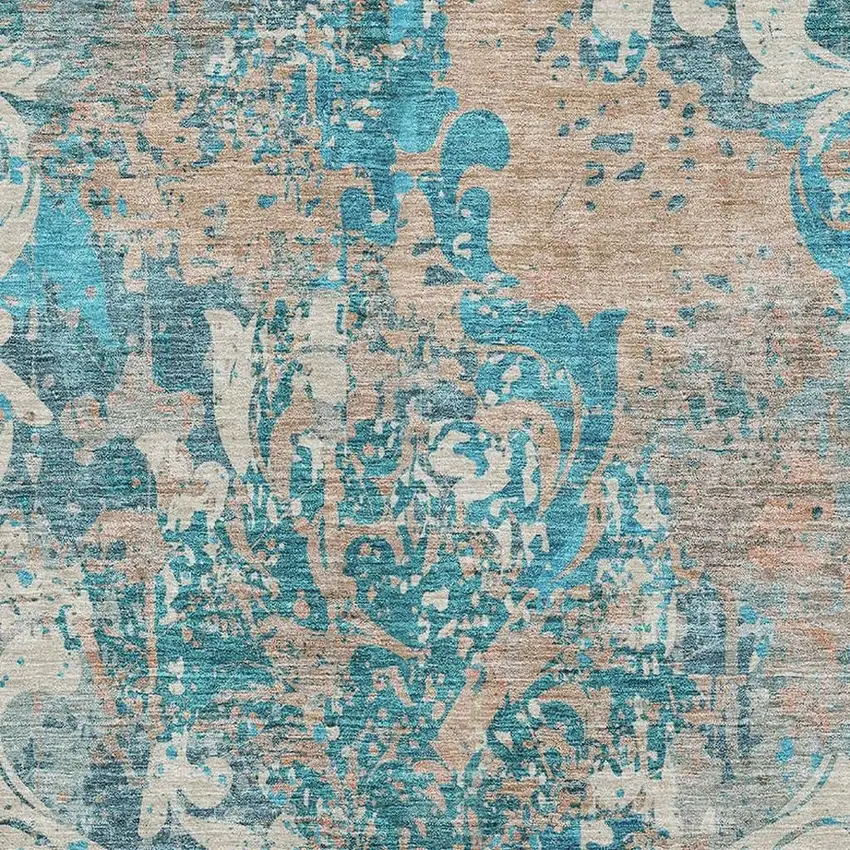 Teal Beige And Taupe Damask Washable Area Rug With UV Protection Photo 2