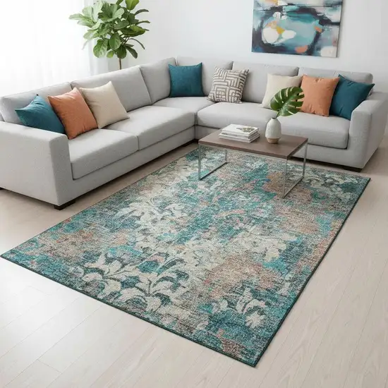 Teal Beige And Taupe Damask Washable Area Rug With UV Protection Photo 2