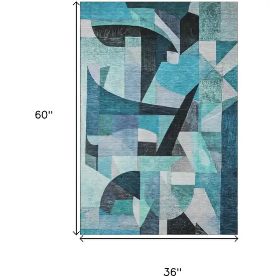 Teal Black And Blue Abstract Washable Area Rug With UV Protection Photo 9