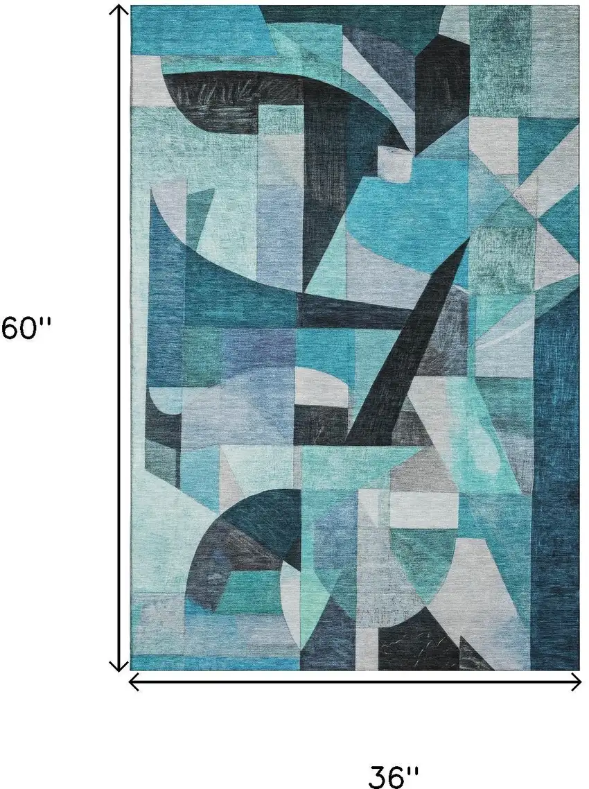 Teal Black And Blue Abstract Washable Area Rug With UV Protection Photo 9