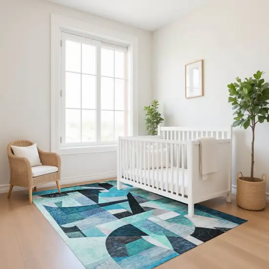 Teal Black And Blue Abstract Washable Area Rug With UV Protection Photo 4