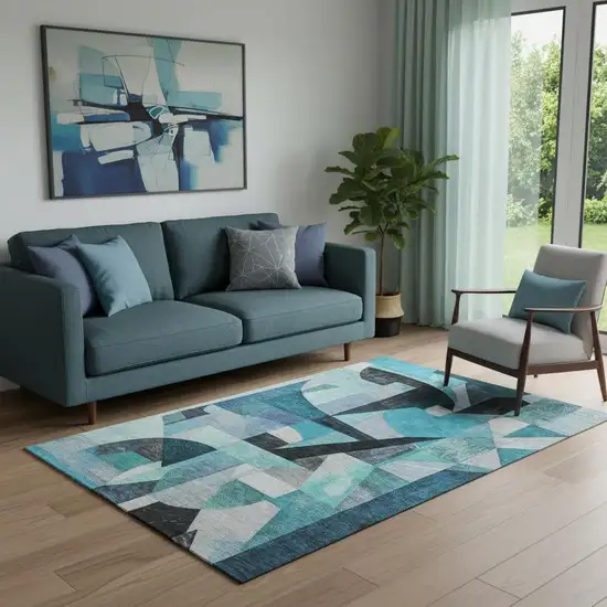 Teal Black And Blue Abstract Washable Area Rug With UV Protection Photo 2