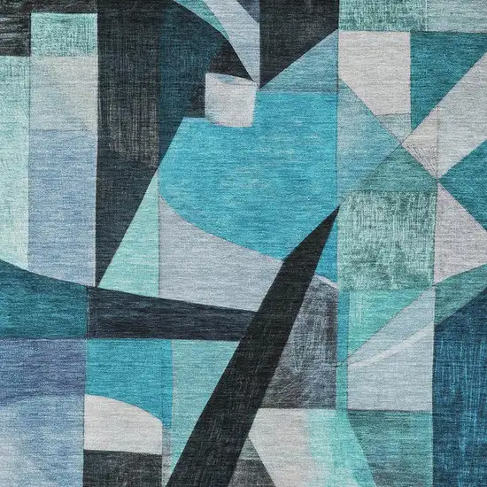 Teal Black And Blue Abstract Washable Area Rug With UV Protection Photo 2
