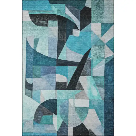Teal Black And Blue Abstract Washable Area Rug With UV Protection Photo 1