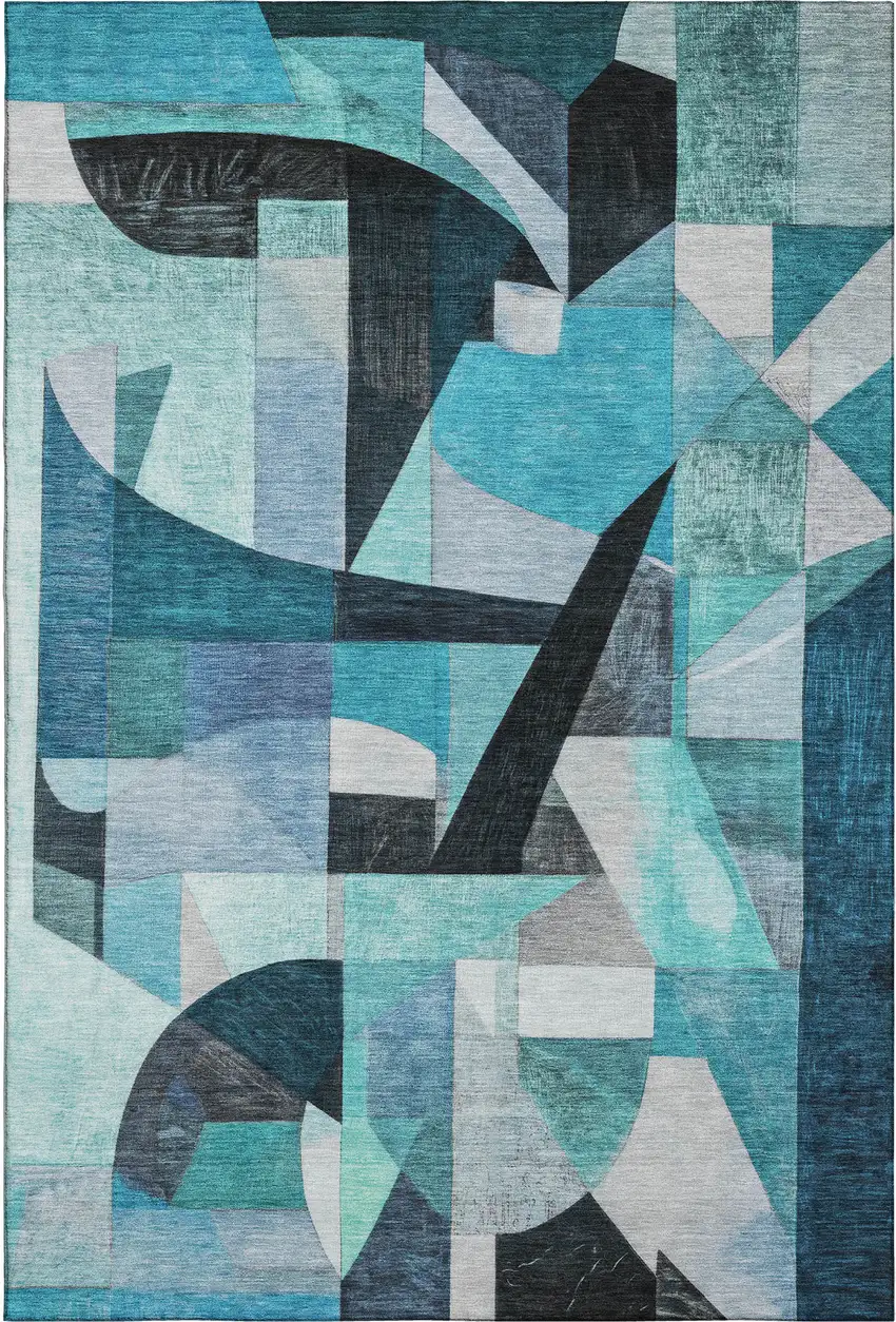 Teal Black And Blue Abstract Washable Area Rug With UV Protection Photo 1