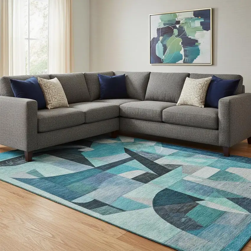 Teal Black And Blue Abstract Washable Area Rug With UV Protection Photo 2
