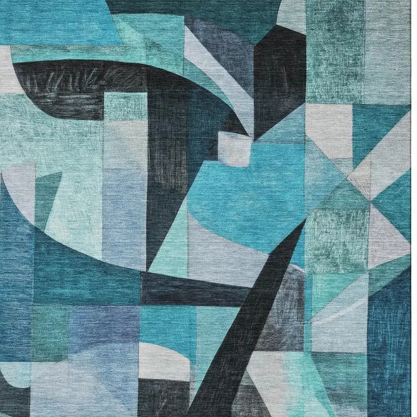 Teal Black And Blue Abstract Washable Area Rug With UV Protection Photo 3