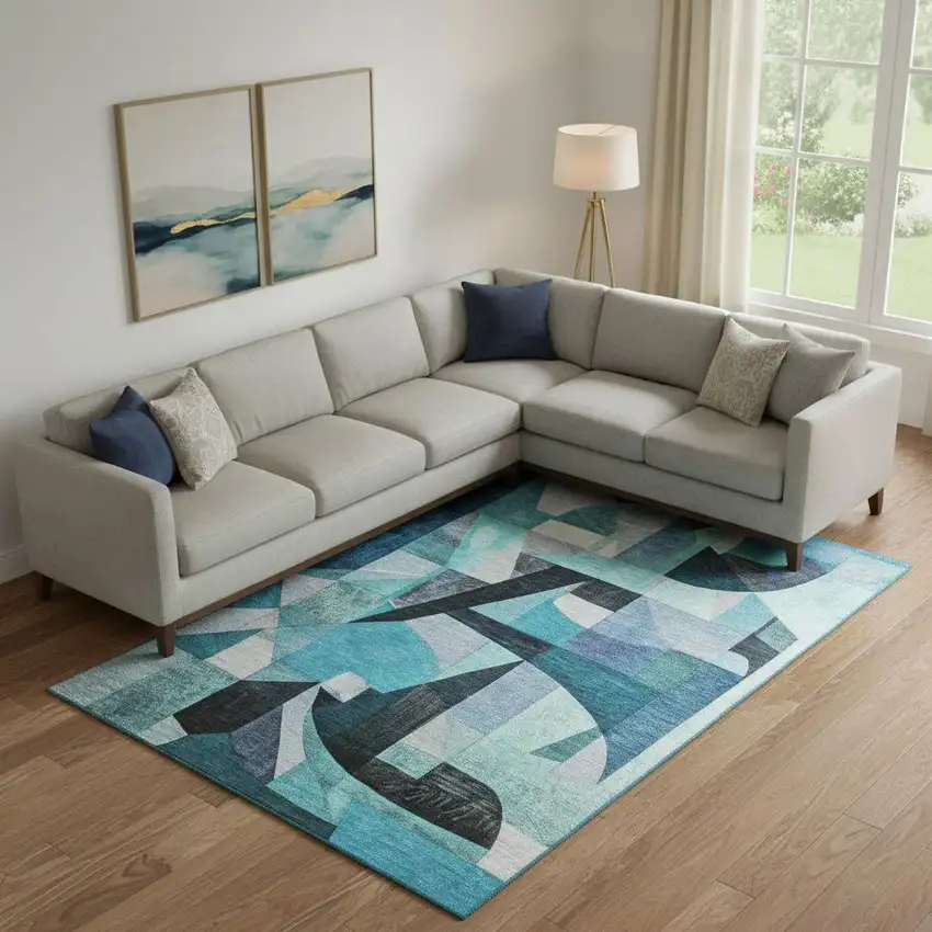 Teal Black And Blue Abstract Washable Area Rug With UV Protection Photo 2