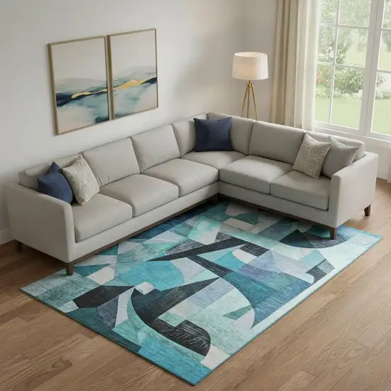 Teal Black And Blue Abstract Washable Area Rug With UV Protection Photo 2
