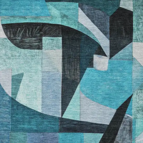 Teal Black And Blue Abstract Washable Area Rug With UV Protection Photo 2