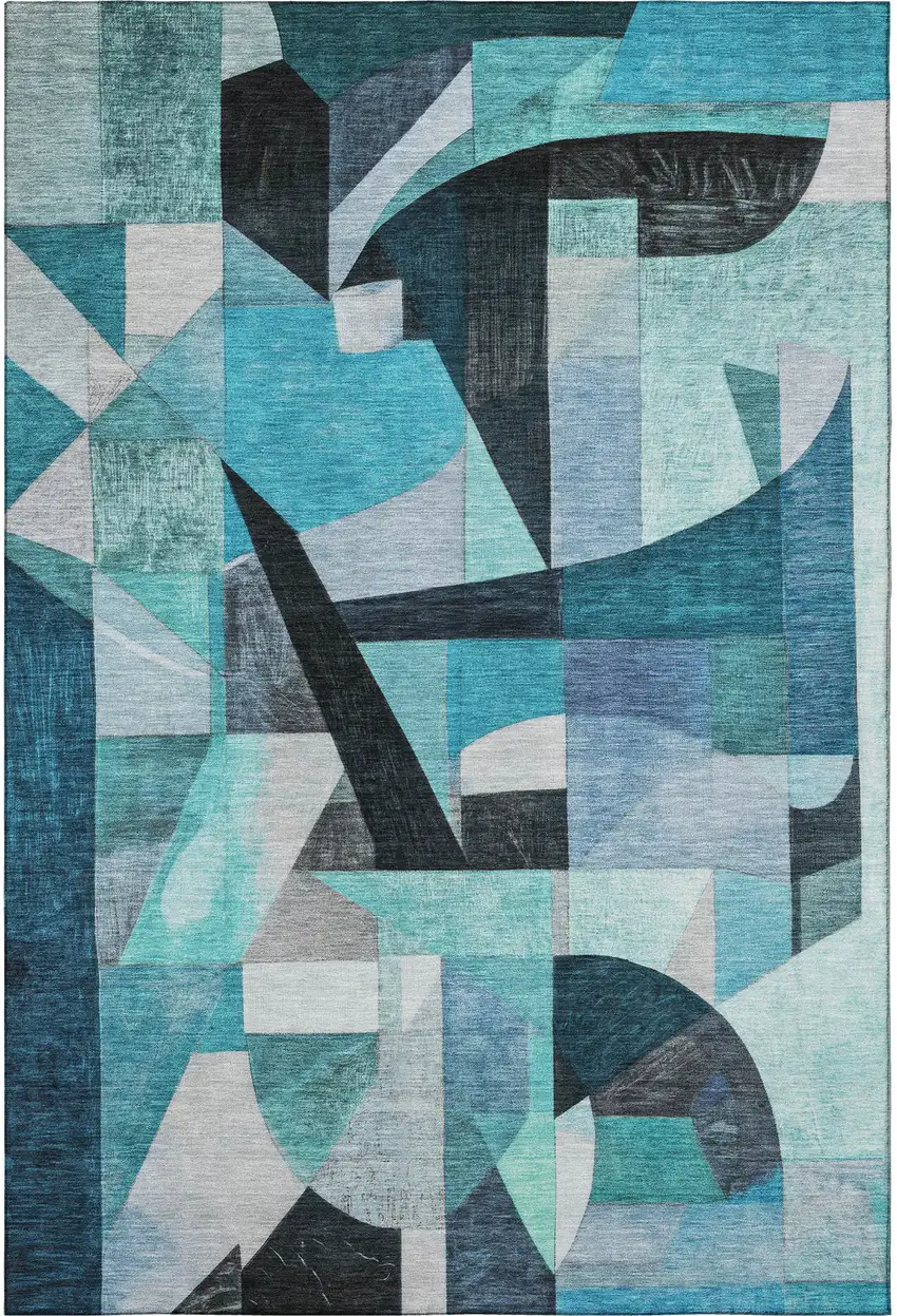 Teal Black And Blue Abstract Washable Area Rug With UV Protection Photo 3
