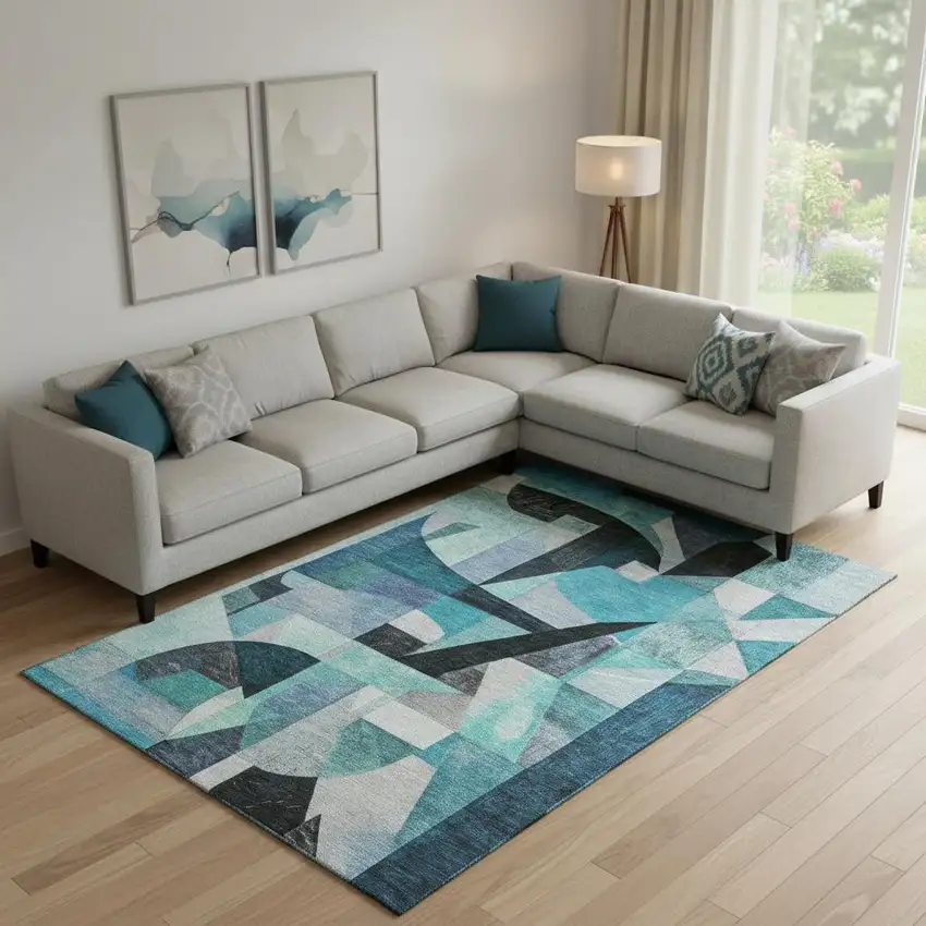 Teal Black And Blue Abstract Washable Area Rug With UV Protection Photo 2