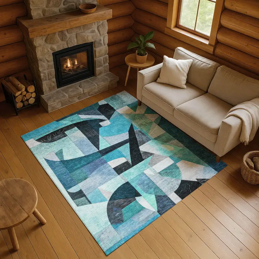 Teal Black And Blue Abstract Washable Area Rug With UV Protection Photo 4