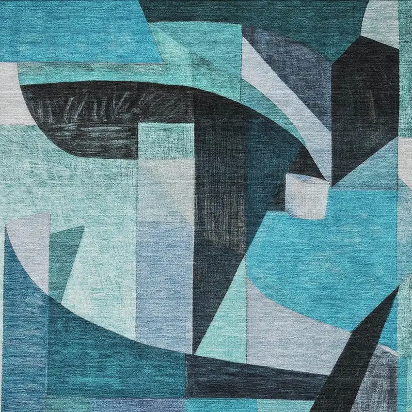 Teal Black And Blue Abstract Washable Area Rug With UV Protection Photo 2