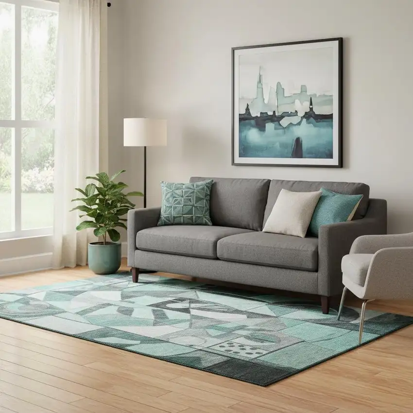 Teal Black And Ivory Abstract Washable Area Rug With UV Protection Photo 2