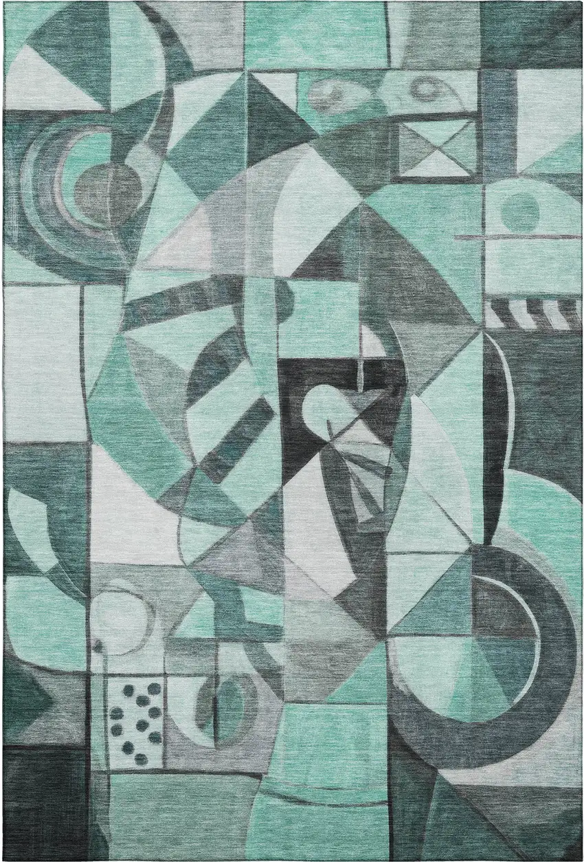 Teal Black And Ivory Abstract Washable Area Rug With UV Protection Photo 1