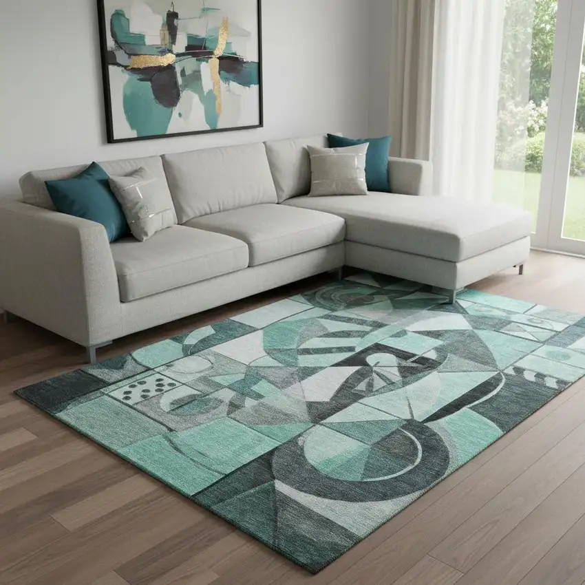 Teal Black And Ivory Abstract Washable Area Rug With UV Protection Photo 2