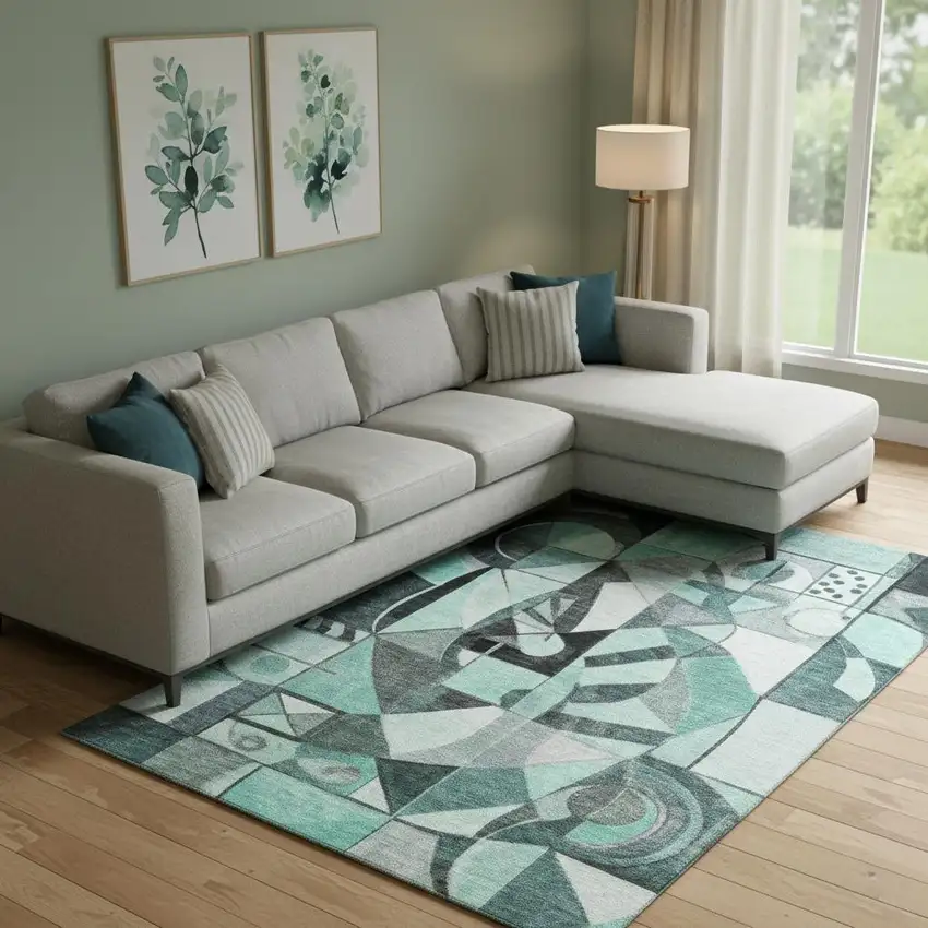 Teal Black And Ivory Abstract Washable Area Rug With UV Protection Photo 2