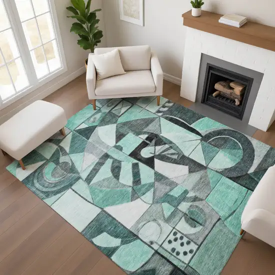 Teal Black And Ivory Abstract Washable Area Rug With UV Protection Photo 4