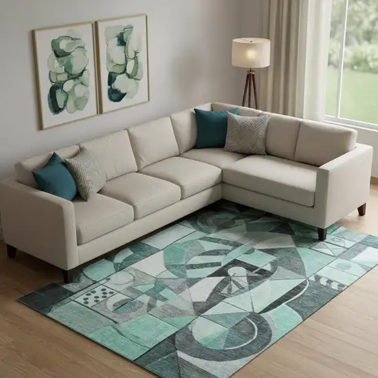 Teal Black And Ivory Abstract Washable Area Rug With UV Protection Photo 2