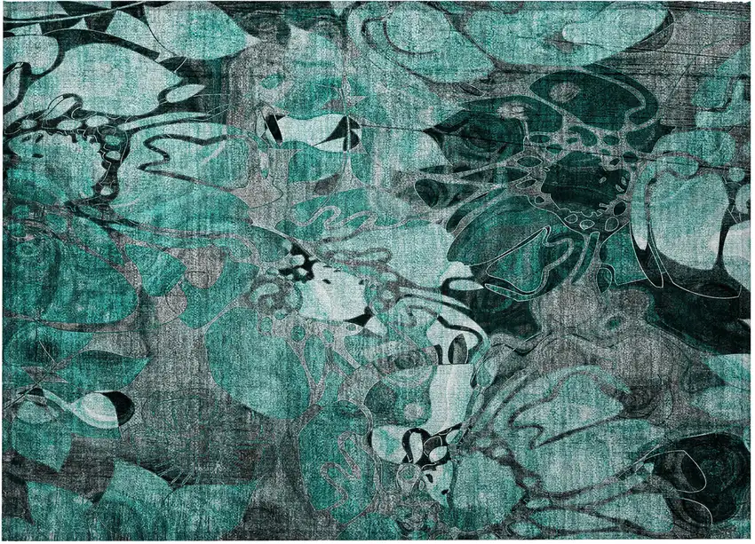 Teal Black and Gray Abstract Washable Indoor Outdoor Area Rug Photo 4