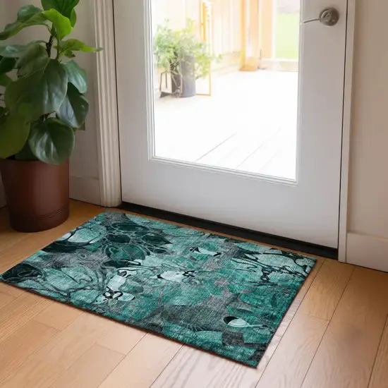 Teal Black and Gray Abstract Washable Indoor Outdoor Area Rug Photo 9